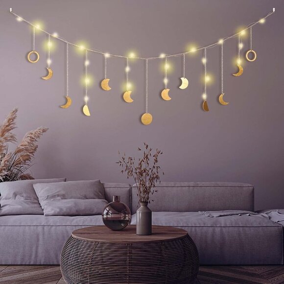 Moon Phase Wall Decor with LED String Light, 13 Gold Wood Boho Wall Hanging Deco - Picture 6 of 7